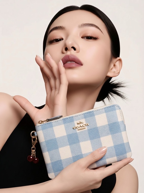 Coach Handbags - Coach Blue and White Gingham Wristlet with Cherry Charm